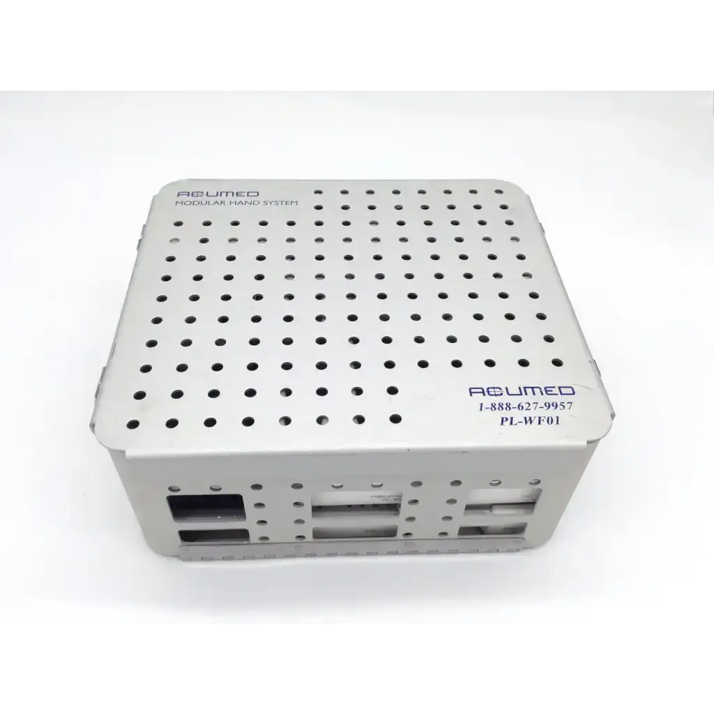 Silver metallic surgical instrument tray with perforations for acumed pl-wf01 modular hand acumed system set