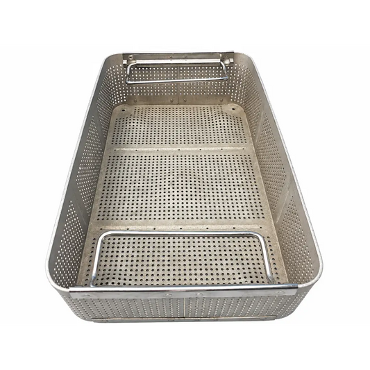 Aesculap us 848 stainless steel perforated instrument basket with reinforced handle bars