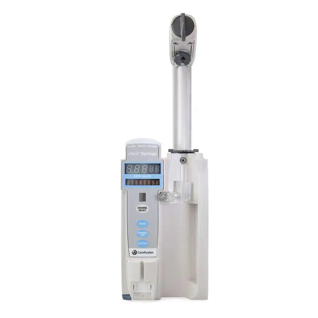 White plastic and metal alaris 8110 infusion pump with digital display labeled allian syringes by CareFusion