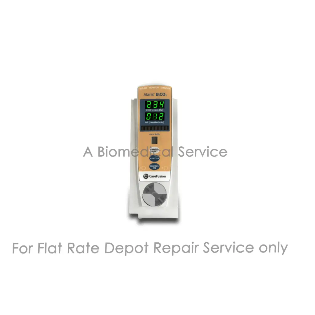 Alaris 8300 EtCo2 infusion pump with beige white body and green digital display for medical equipment repair service