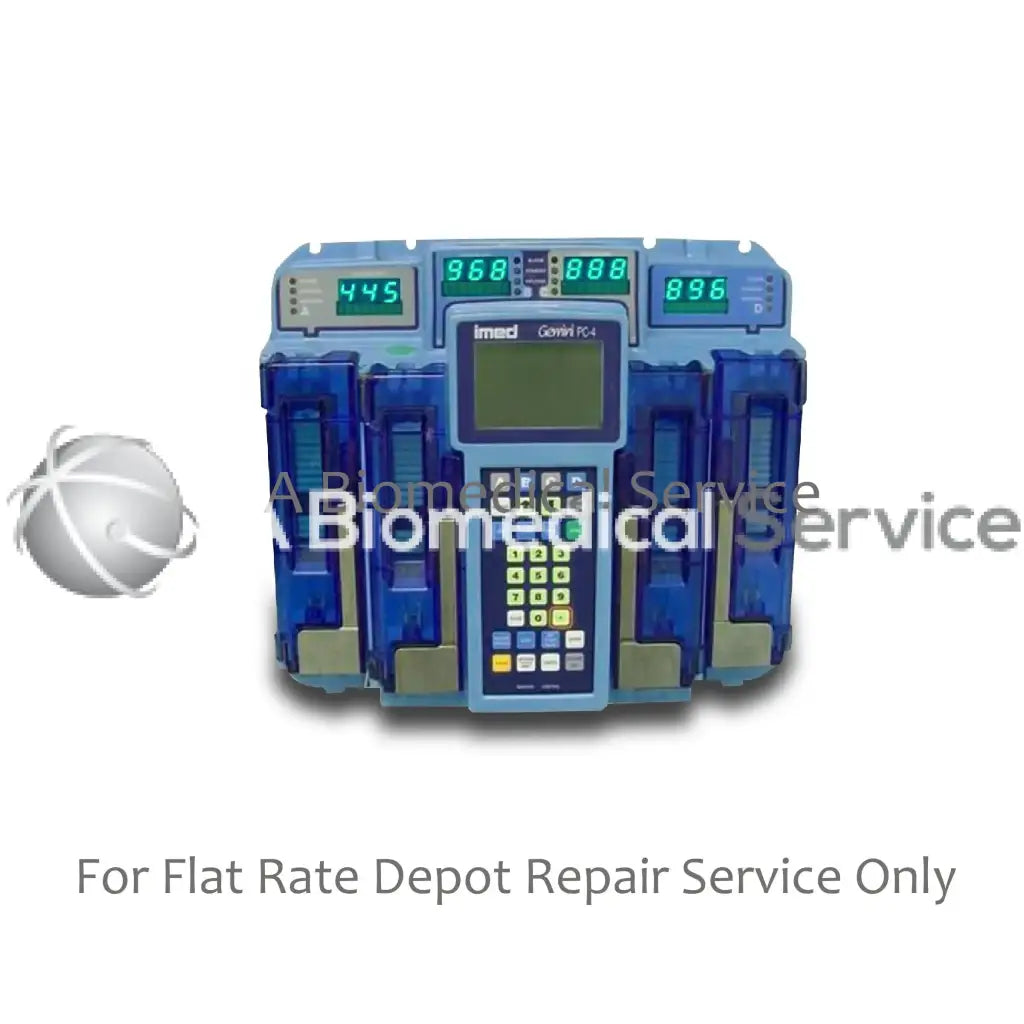 Blue imed gemini pc4 infusion pump with transparent medication chambers and digital displays for alaris carefusion imed repair service