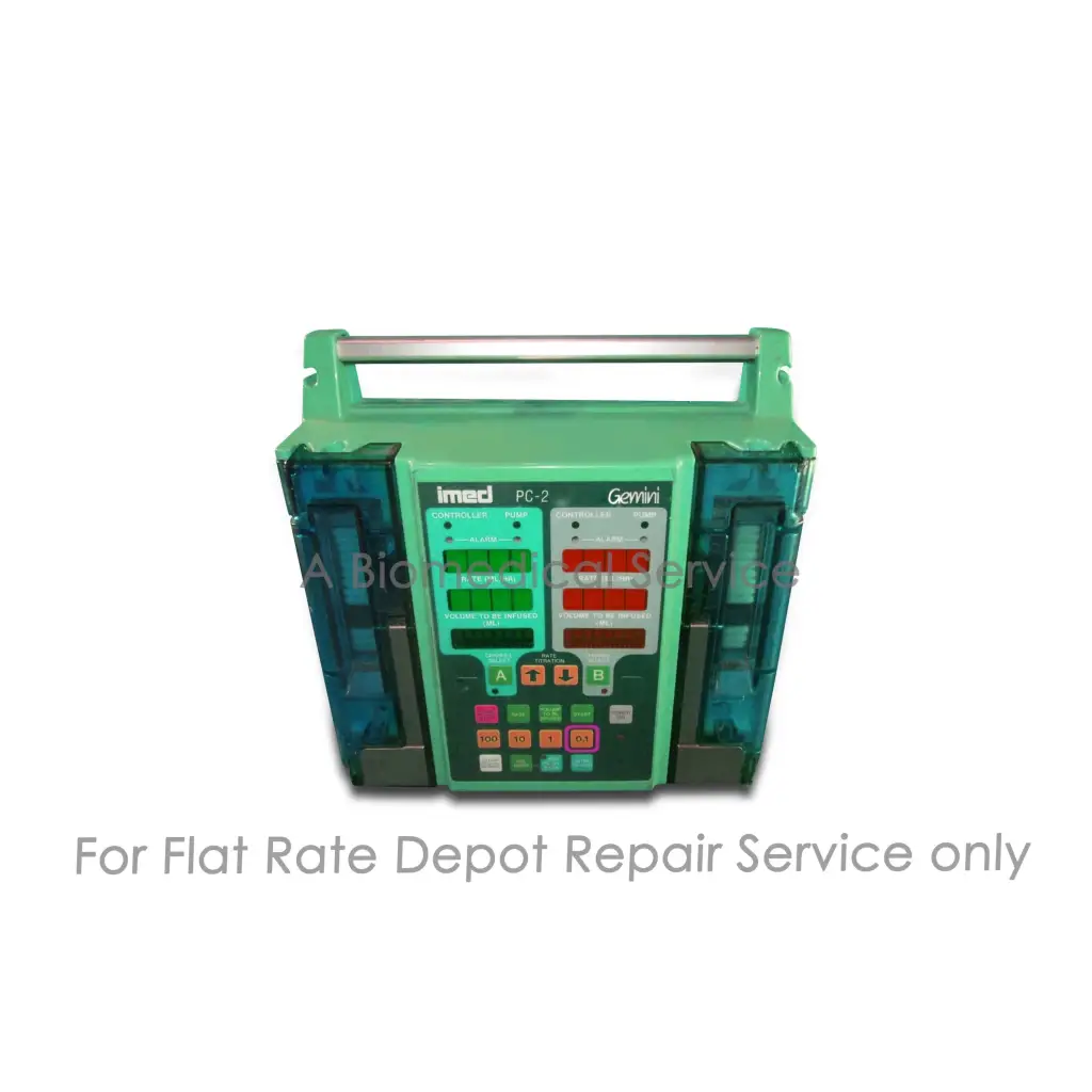 Green and teal medical infusion pump alaris imed gemini pc-2 with colored buttons for repair service of medical equipment