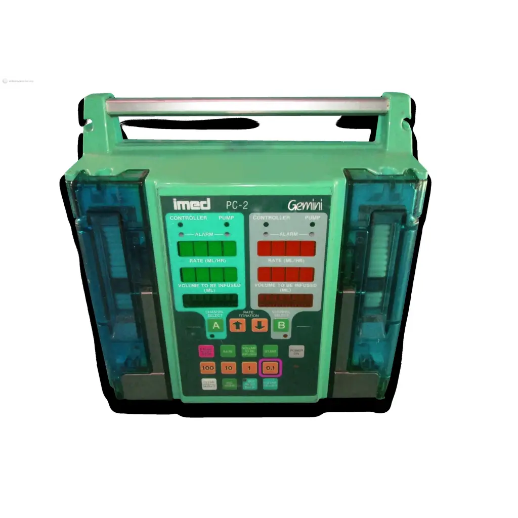 Teal and transparent plastic alaris imed gemini medical infusion pump with control panels and dual fluid reservoirs