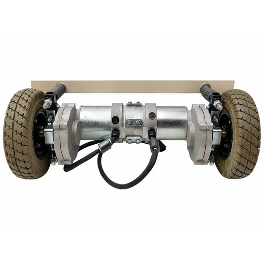 Silver metallic allied motion motorized wheel dual-drive unit with rugged brown tires and black suspension