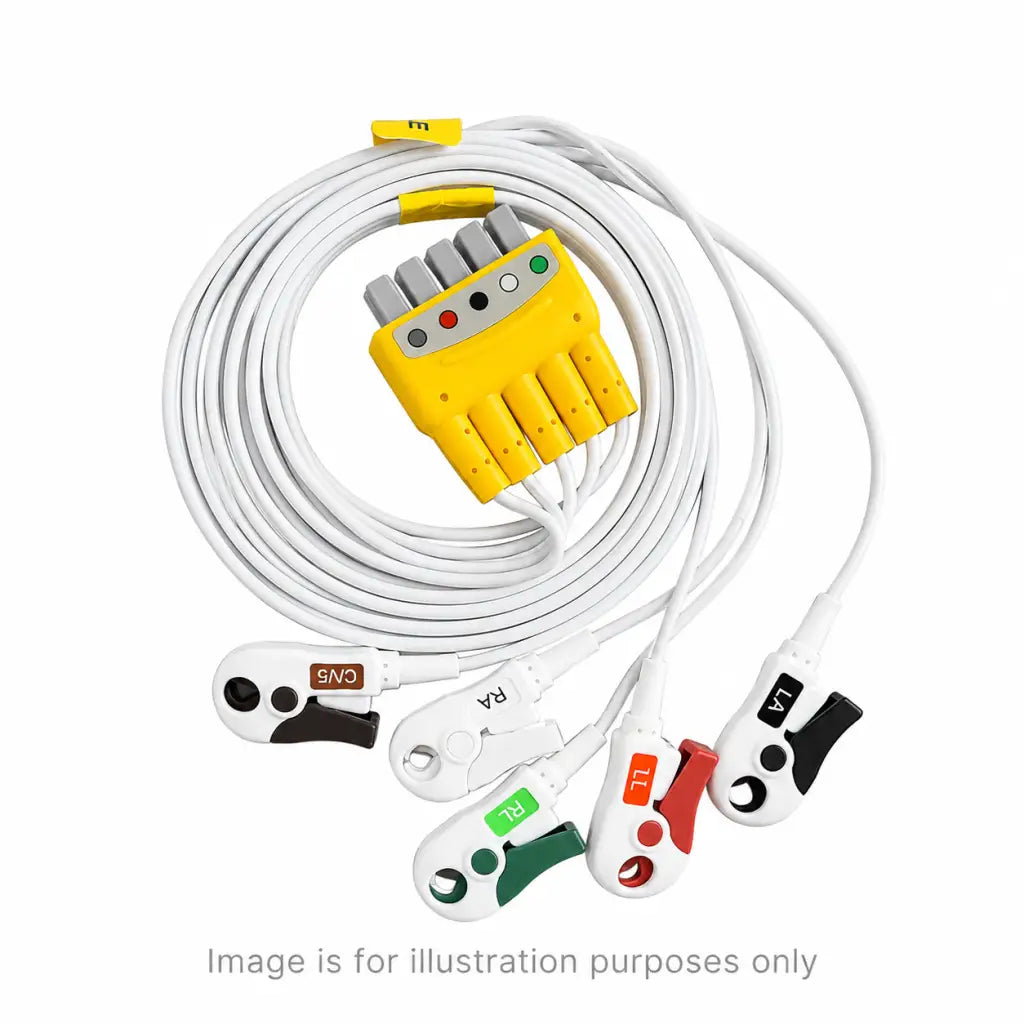 Yellow and white AMC GE Multi-Link 5-lead disposable ecg cable set with pinch shielded connectors and color-coded leads