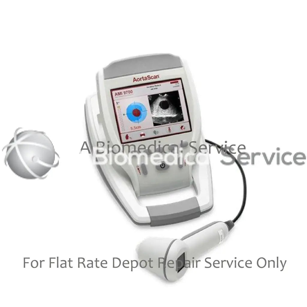 White and gray aortascan ami 9700 ultrasound machine with digital display showing medical imaging for repair service