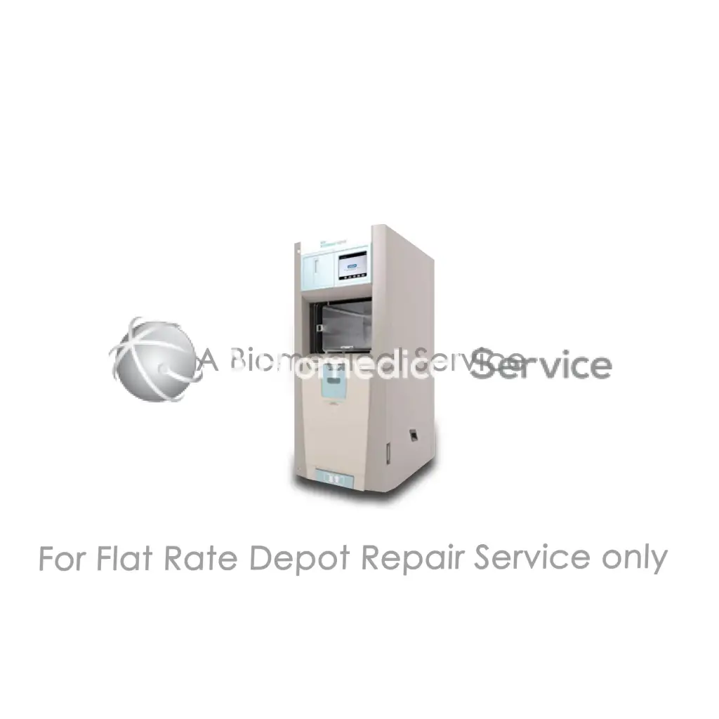 Beige and light blue asp sterrad 100nx medical equipment with digital display and open compartment for flat-rate repair service