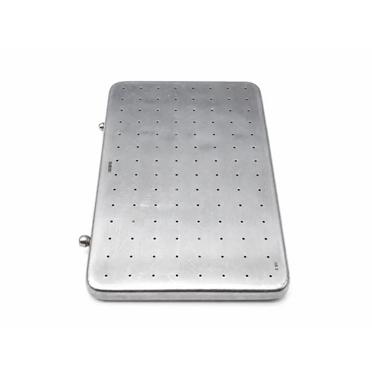 Silver stainless steel perforated instrument sterilization case with grid holes and rounded corners for sterilization use