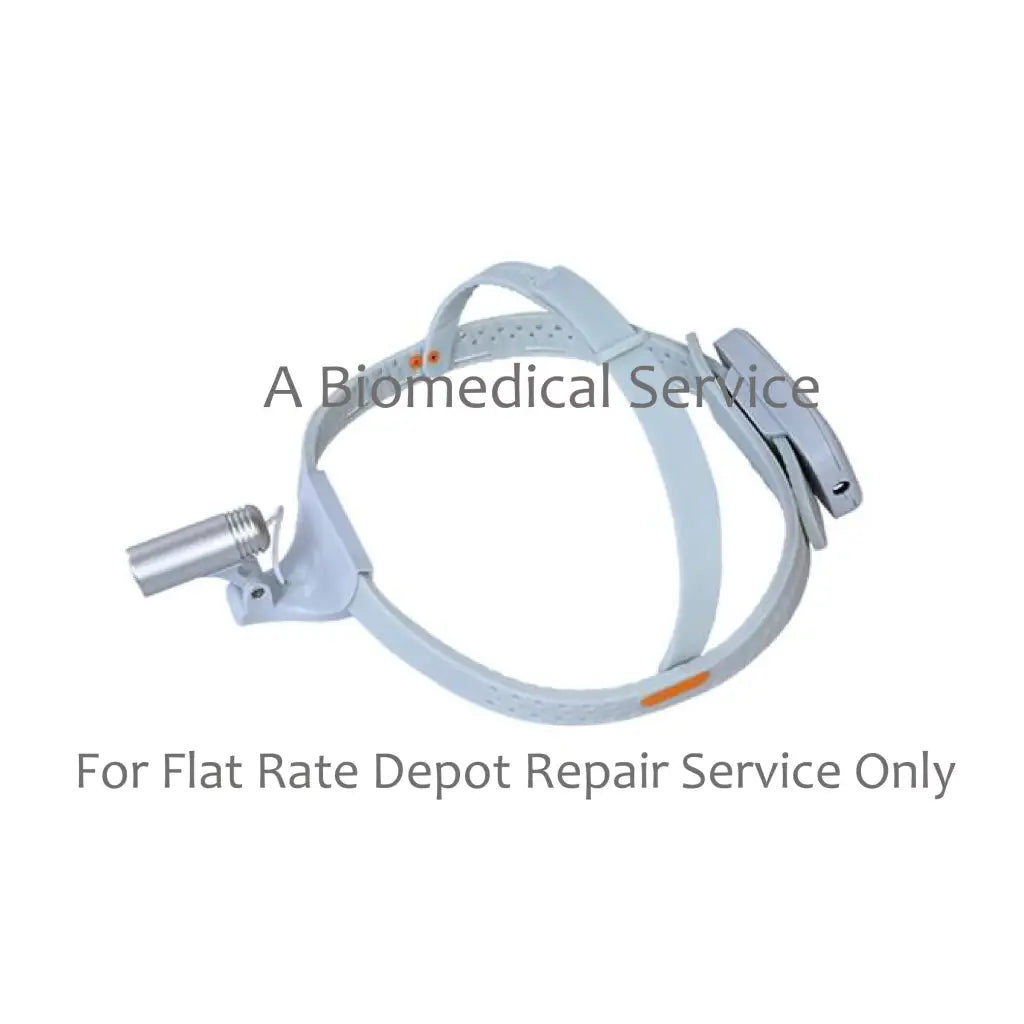 Lightweight adjustable headband medical lamp with silver articulated lamp and gray plastic straps for axia luminous repair service