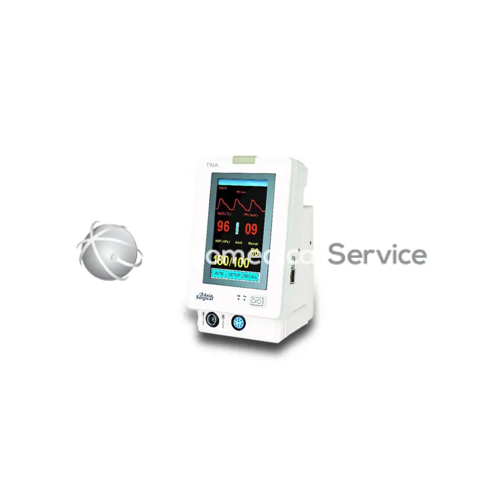 White axia tria touch medical monitor with tria touch screen displaying heart rate blood pressure and oxygen saturation readings