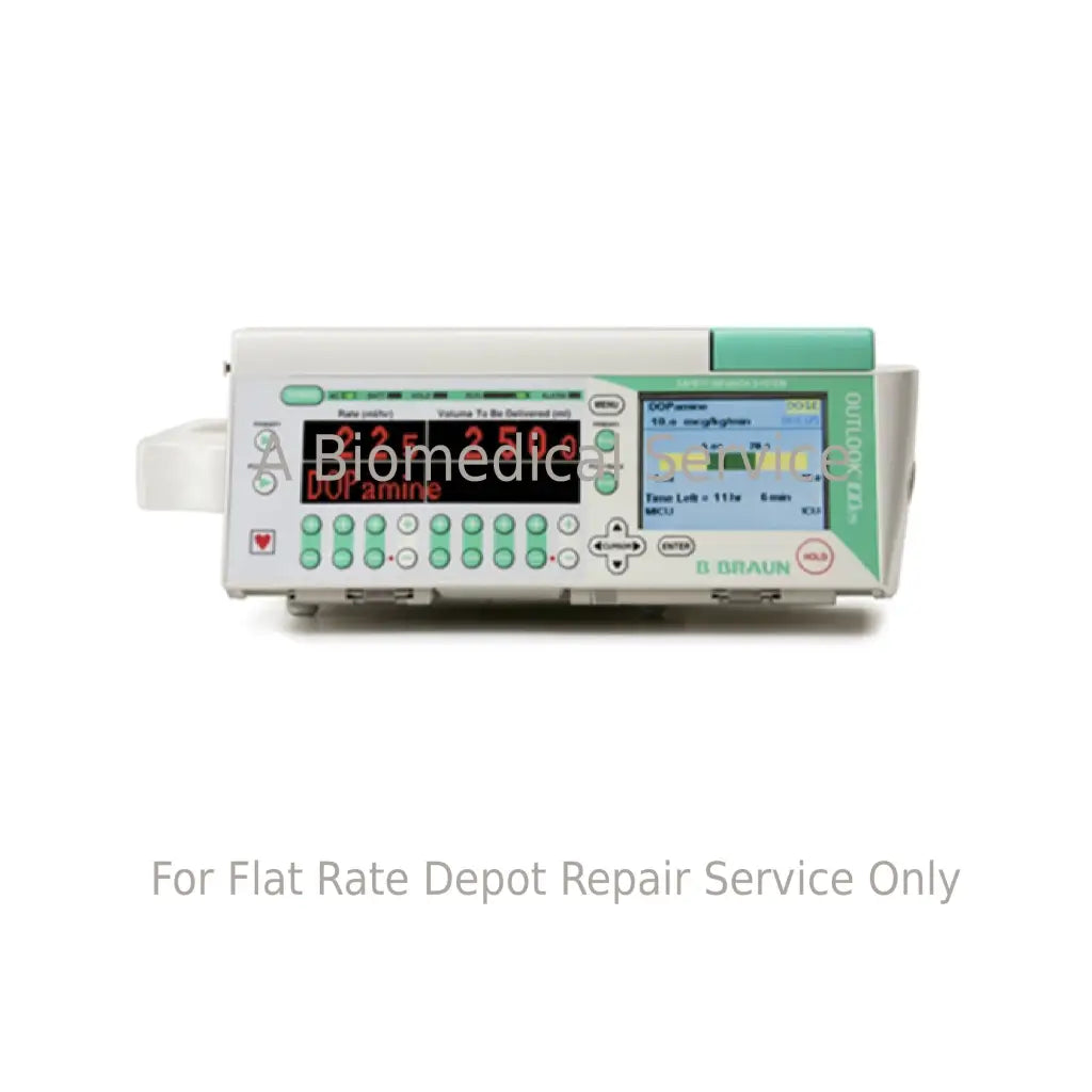 White and teal b braun outlook 100es medical equipment infusion pump with digital display for flat-rate repair service