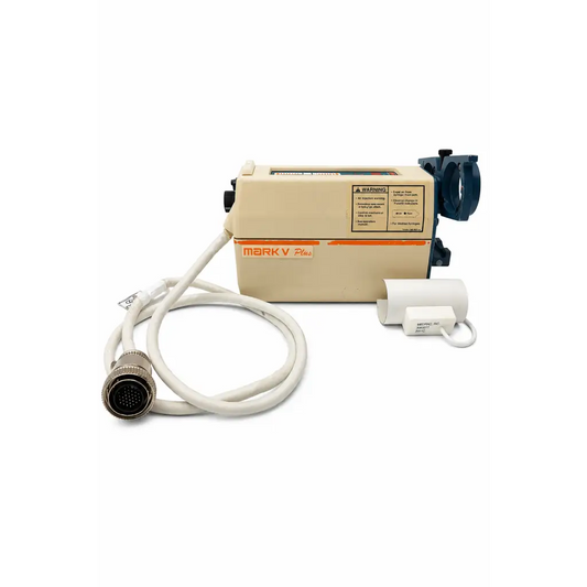 Beige mark v plus injector head with coiled white cable and small white sensor unit for angiographic use