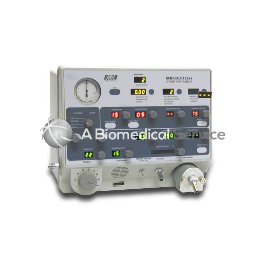 Bear cub 750 psv infant ventilator with white and gray console, digital displays, control knobs, and analog pressure gauge