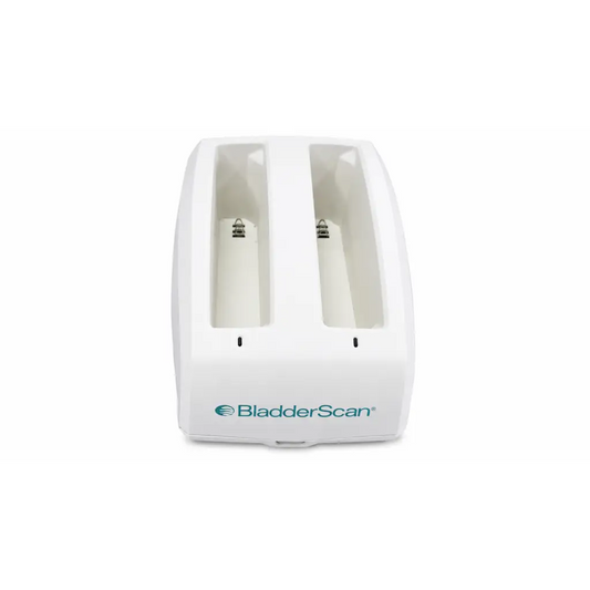 White plastic bladderscan battery charger with two battery compartments for professional medical equipment use