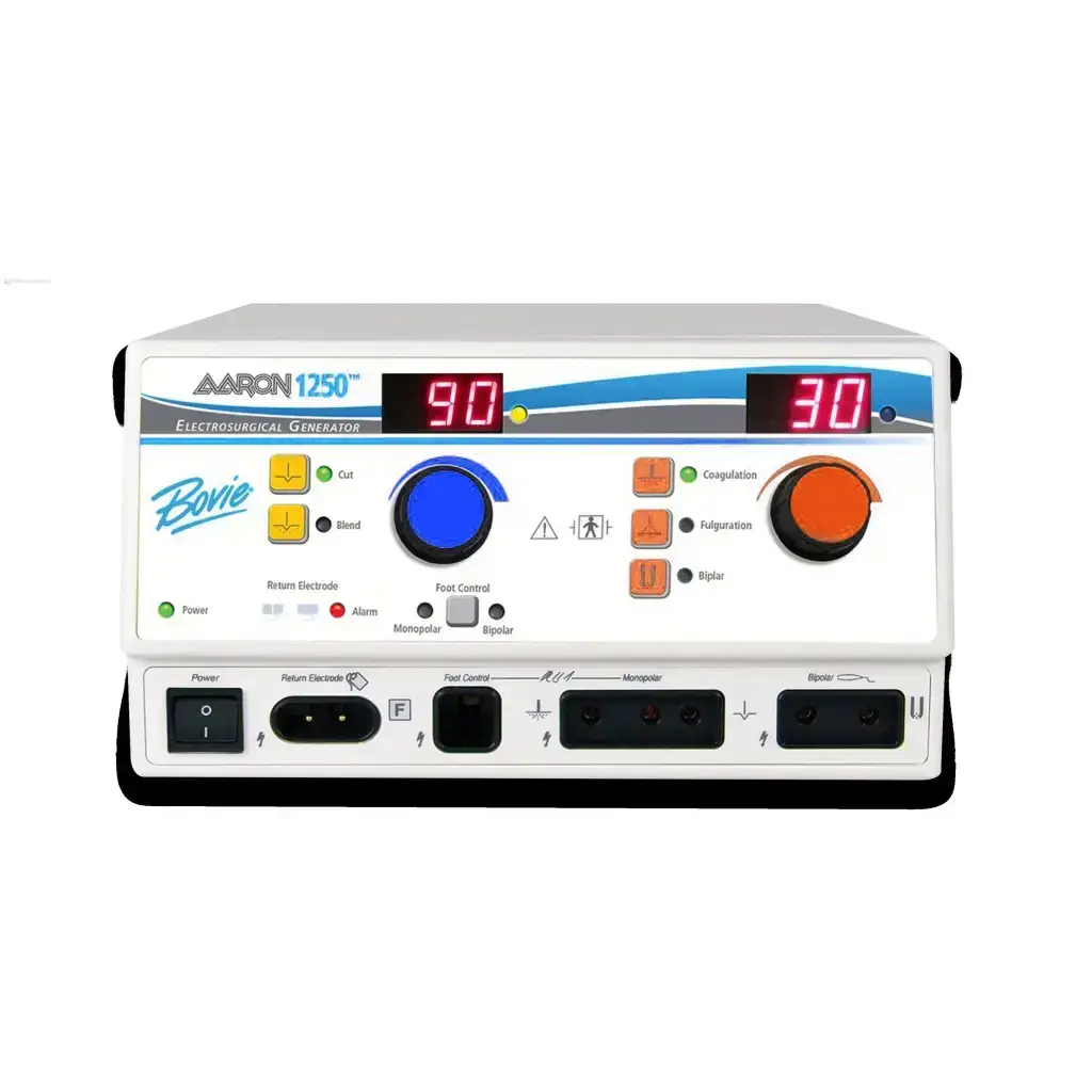 Bovie Aaron 1250 electrosurgical generator with white and blue panel, digital red displays, rotary knobs, and multiple ports