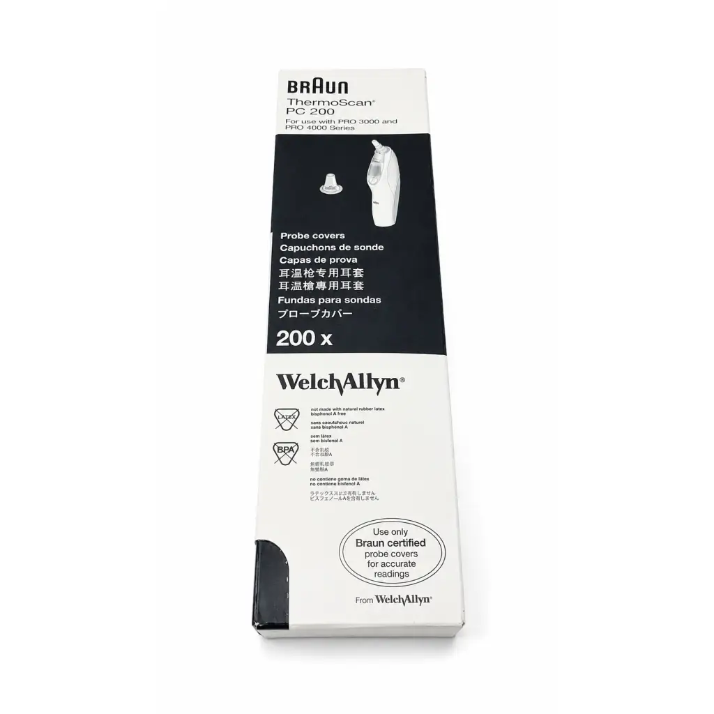 White and black biomed certified braun thermoscan pc 200 probe covers box for hygienic ear thermometer use