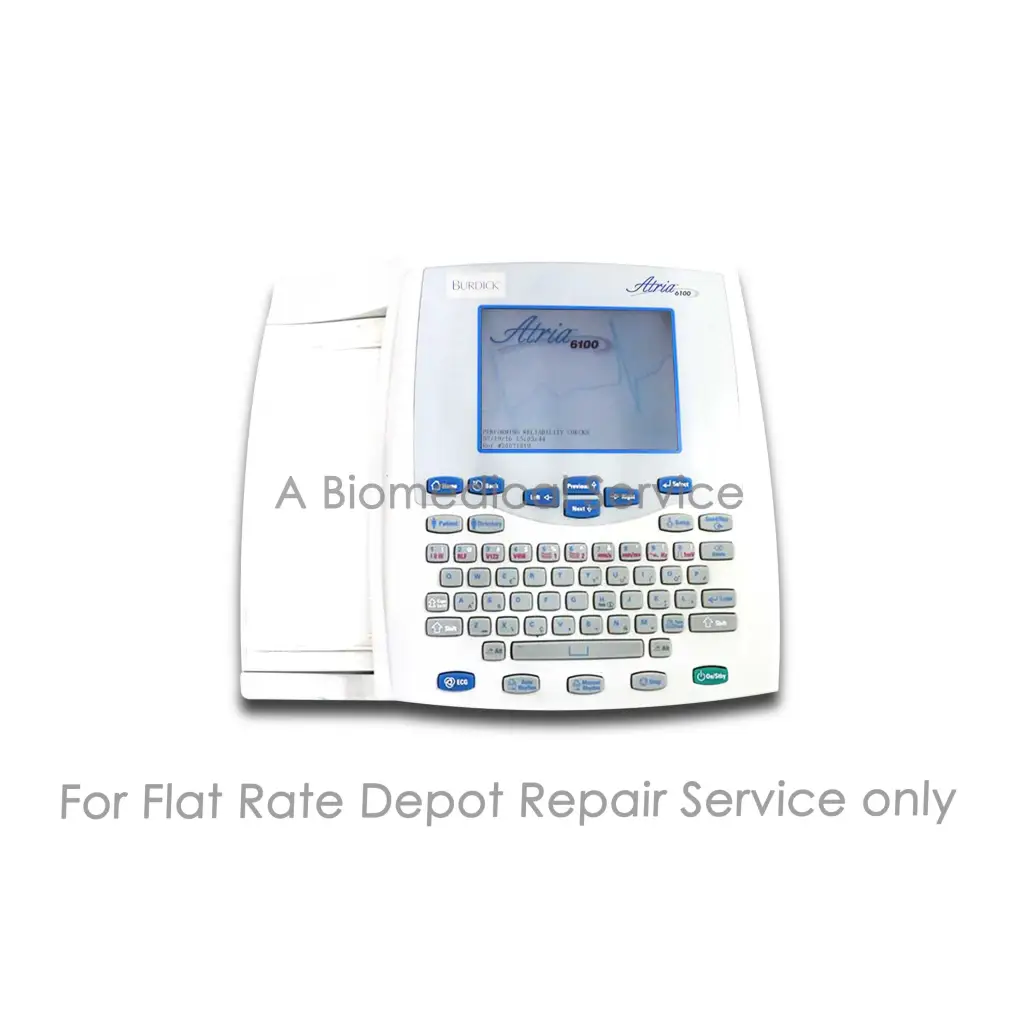 White airia 6100 label printer with small screen and blue keys for burdick atria 6100 medical equipment repair service