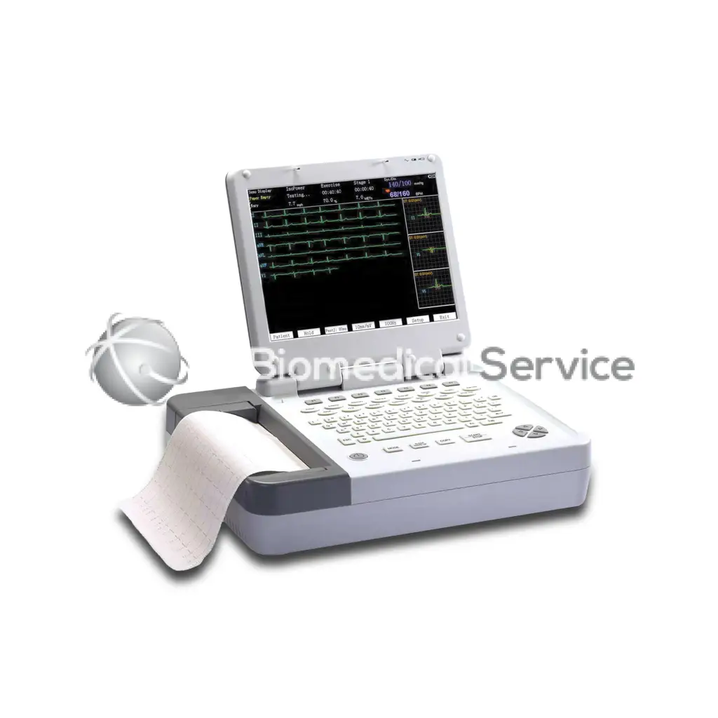 White and gray burdick quest stress portable cardiac monitor with touchscreen showing ecg readings and paper output slot