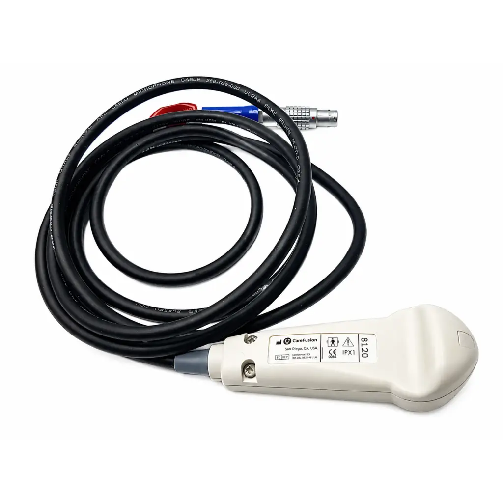 Black coiled pca dose request cord with red and blue connectors attached to white carefusion biomed certified handset