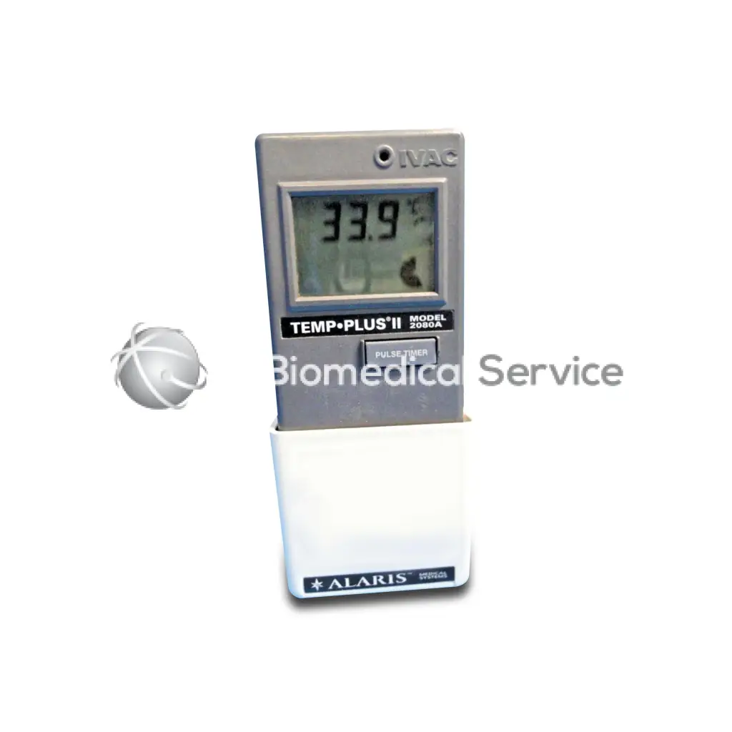 Silver digital thermometer with white base labeled temp plus ii model 2080a by iva and alaris for carefusion alaris biomedical service