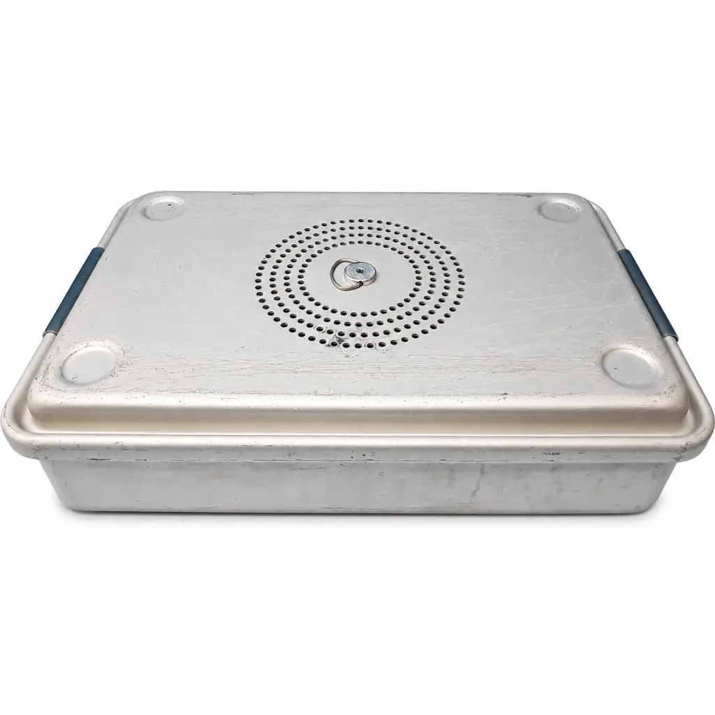 Silver aluminum case medical sterilization container with perforated basket lid and blue rubber handles for medical use