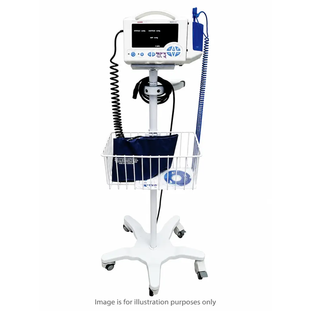 White casmed 740 vital signs monitor complete kit with digital display coiled cables and navy blue blood pressure cuff