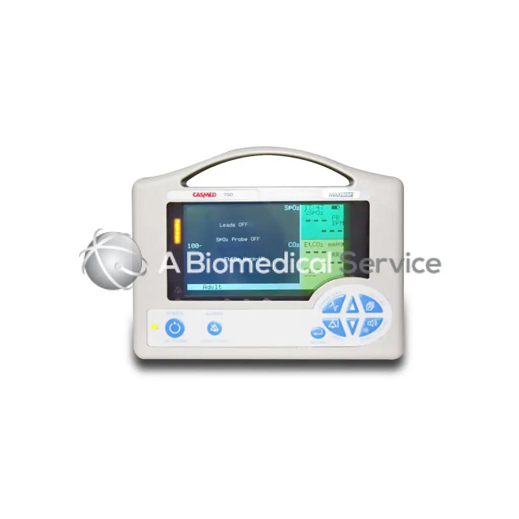 White plastic handheld casmed 750 etco2 vital signs monitor with touchscreen displaying vital signs and control buttons