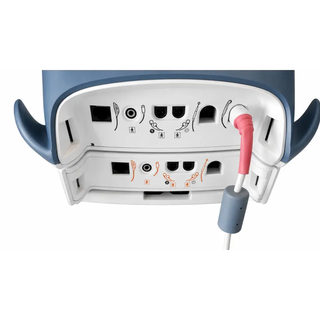 Blue and white Chattanooga vectra Genisys 2761 therapy system with ultrasound applicator and red-gray cable plugged in
