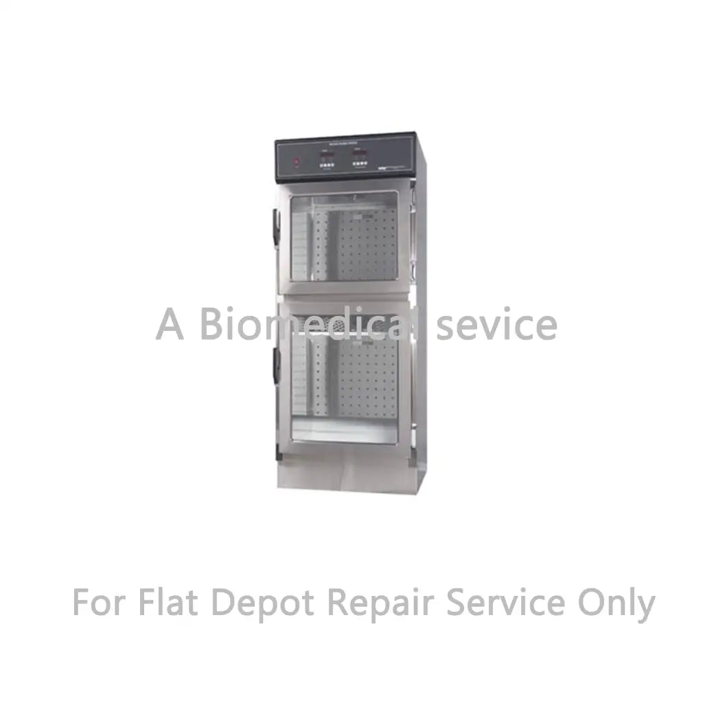 Stainless steel two-door medical sterilizer with glass panels and perforated shelves for medical equipment repair service flat-rate repair