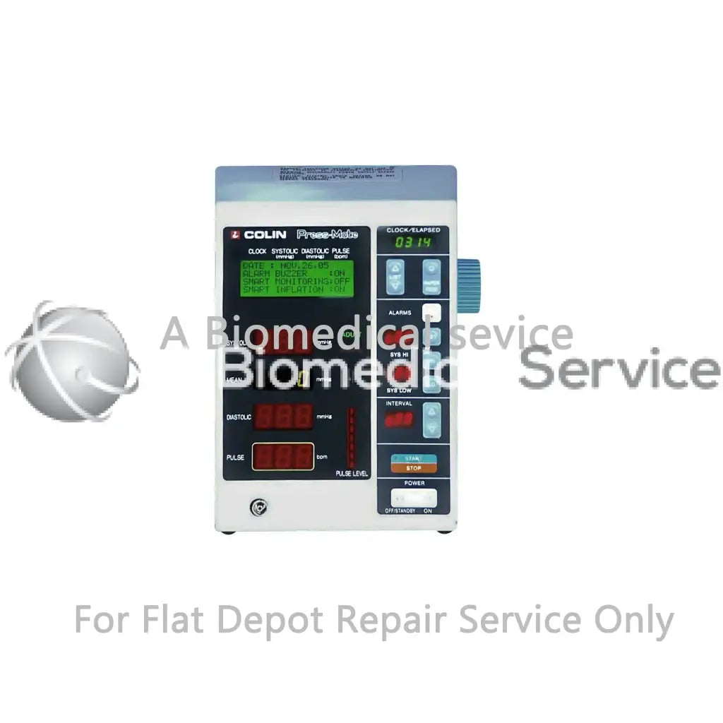 White and gray colin pro-mate infusion pump with digital display and controls for colin press mate repair service medical equipment