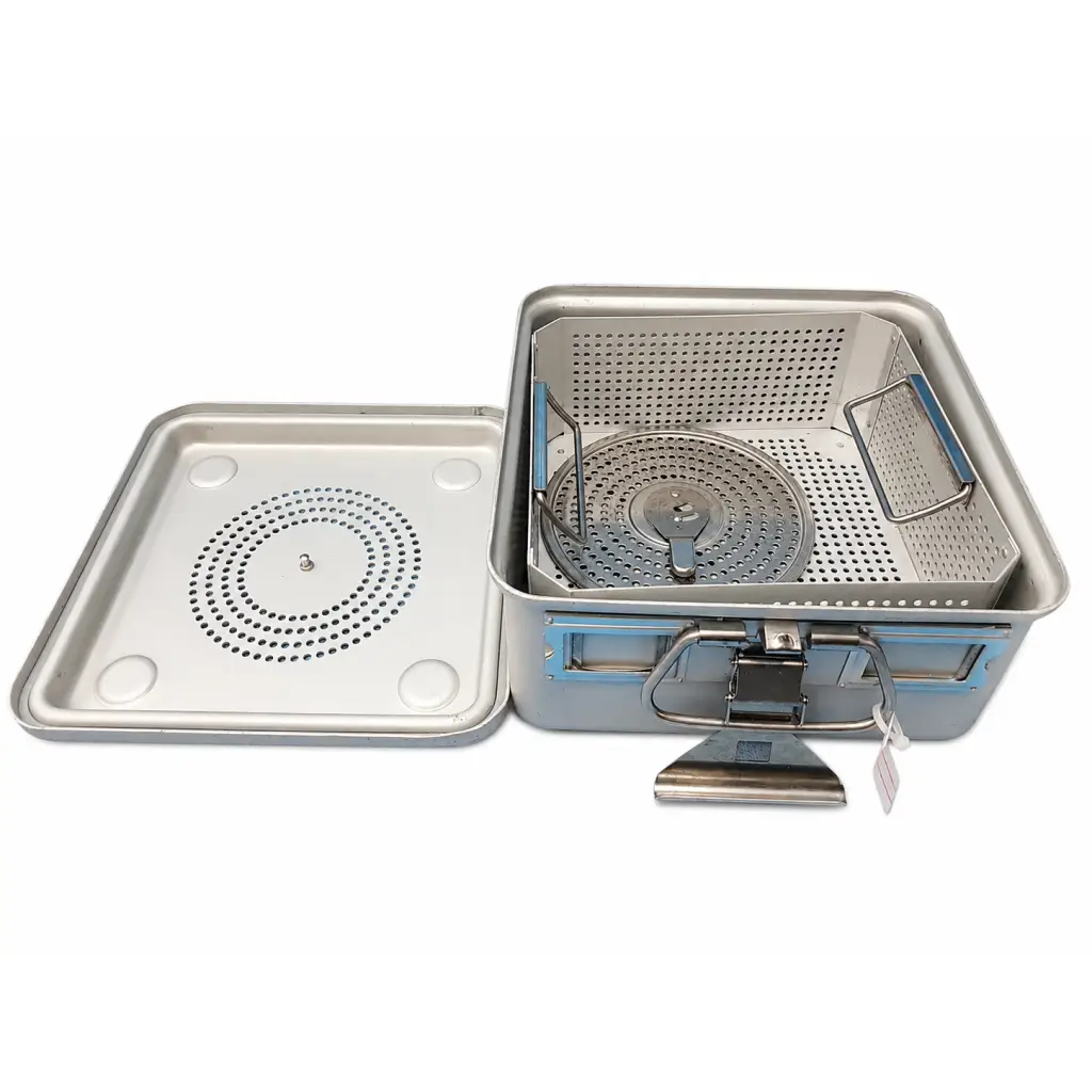 Compact sterilization container with silver stainless steel removable perforated basket and blue-handled metal rack