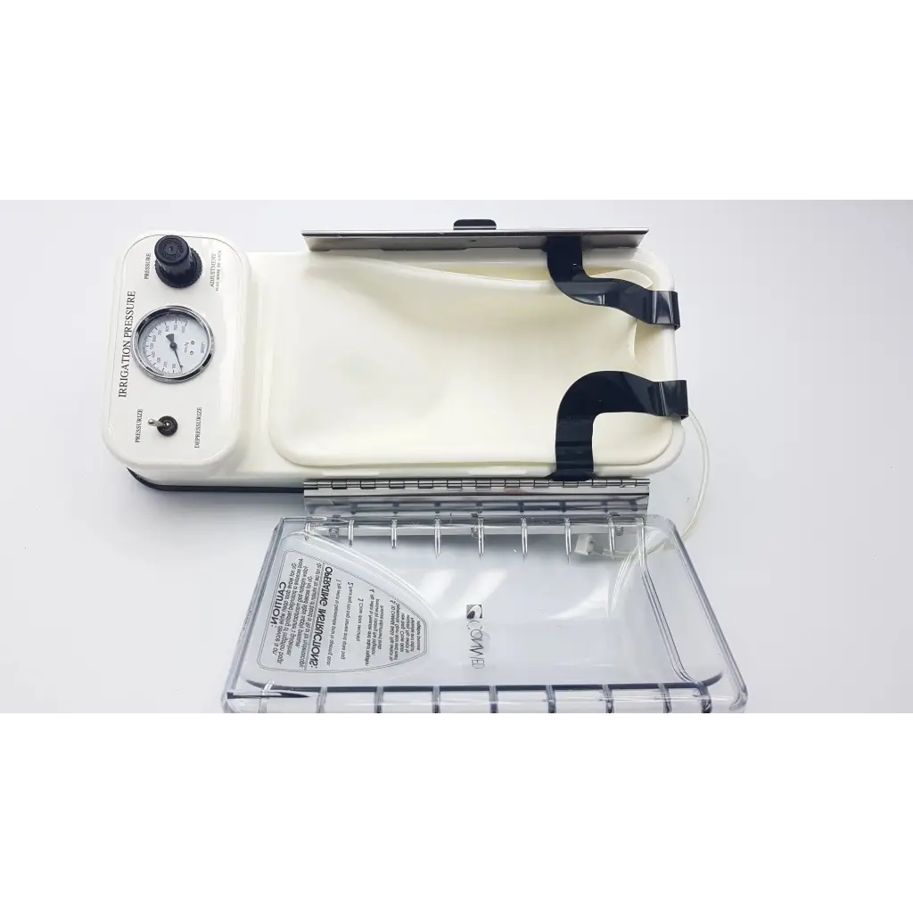 Conmed irrigation pressure system with white plastic body black knob gauge and clear acrylic tray for irrigation pressure control