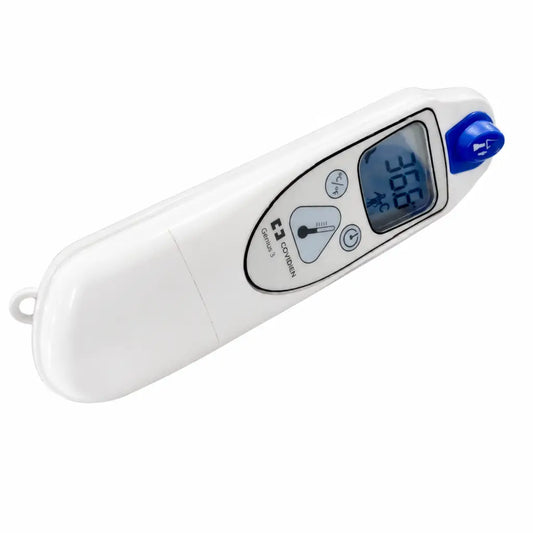 White covidien genius tympanic thermometer with blue button and display showing 35.9c on sleek plastic body