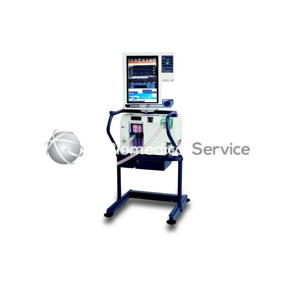 Covidien puritan bennett 840 medical monitor and infusion pump station with white console blue frame and connected tubes