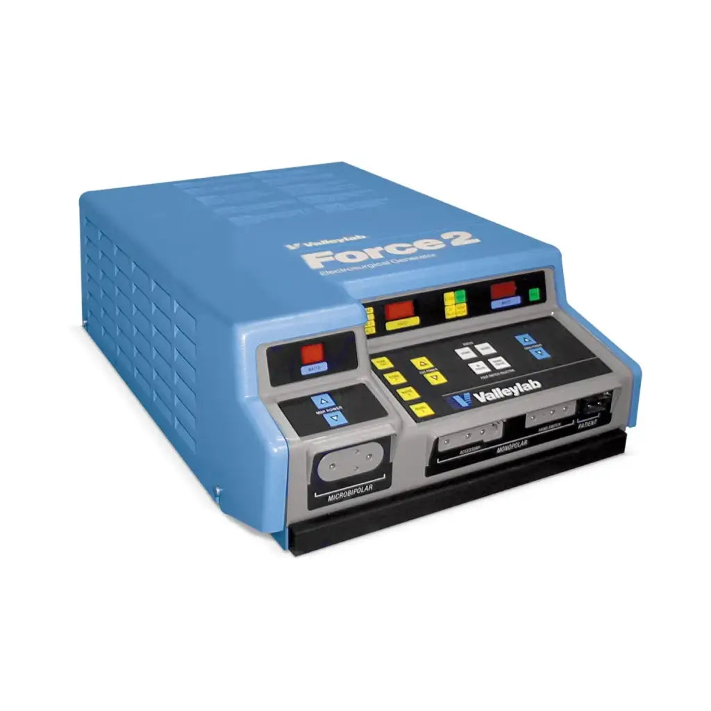 Blue valleylab force 2 electro-surgical generator with gray panel, yellow buttons, red lights, return electrode and foot switch ports