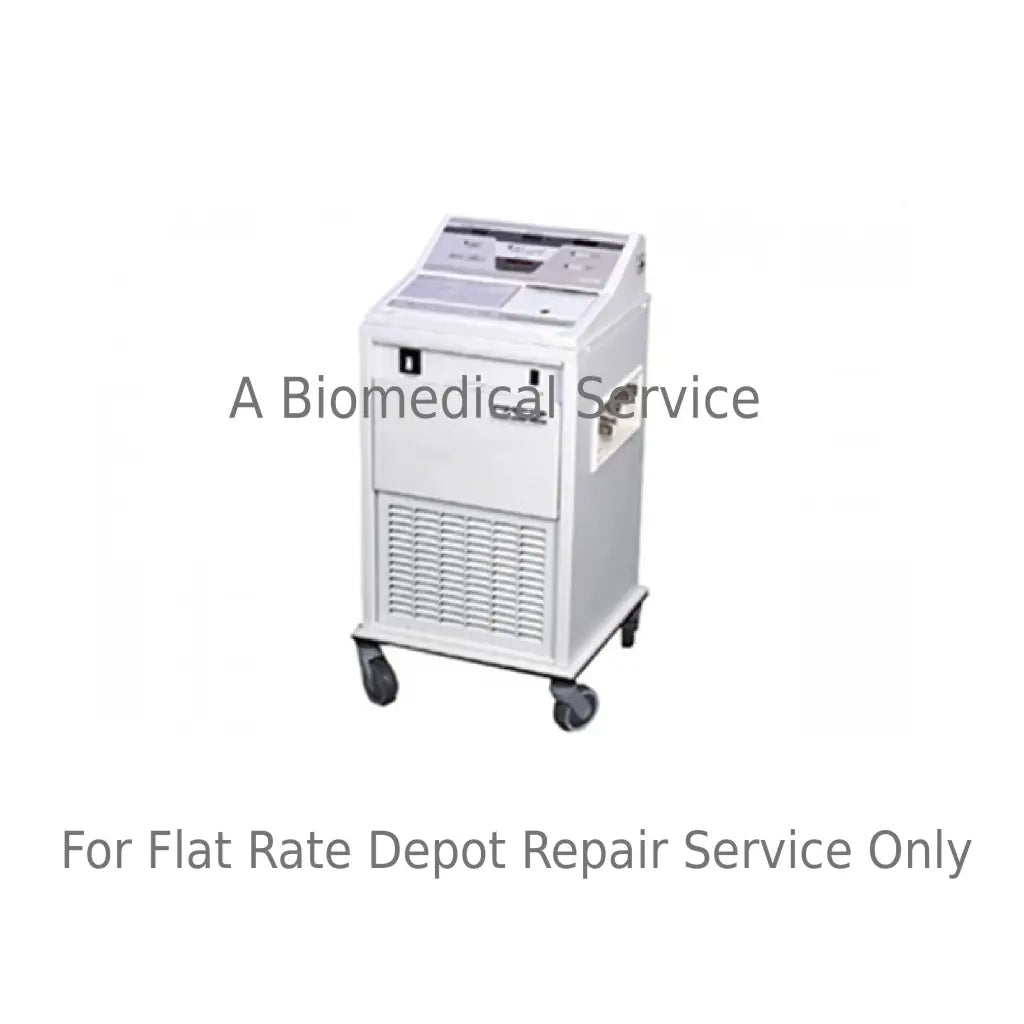 White medical equipment cart with control panel and ventilation grille on black caster wheels for flat-rate repair service