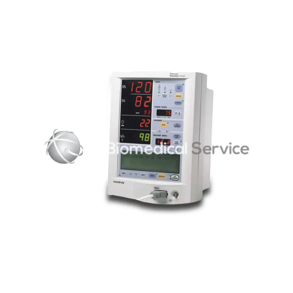 White datascope accutorr plus patient monitor with digital display showing vital signs in red and black on gray screen