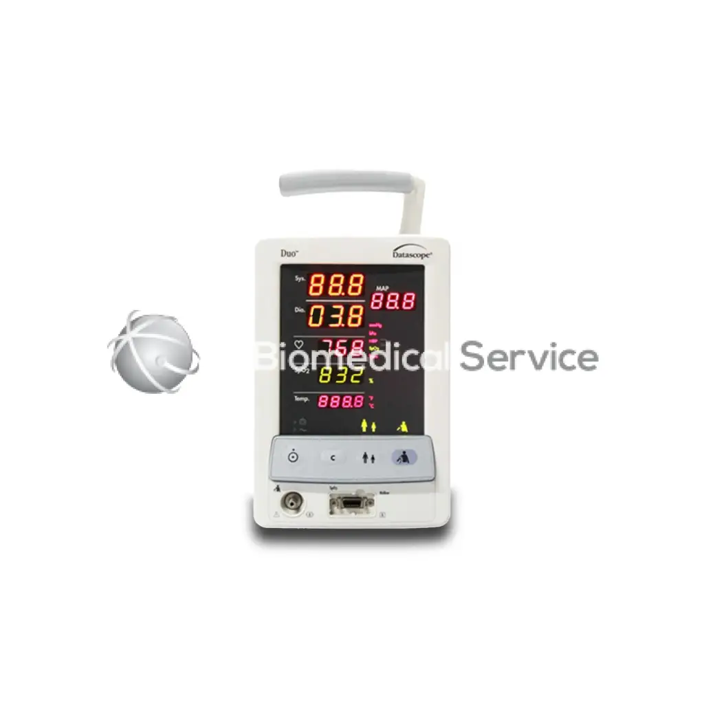 White Datascope Duo patient monitor with digital display showing vital signs in red and yellow numerals