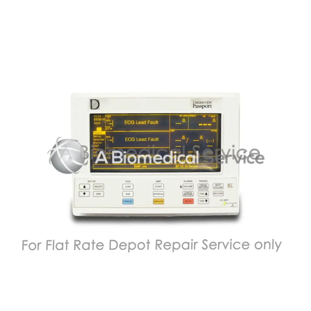 White datascop passport el patient monitor with yellow ecg lead fault display and control buttons for repair service of medical equipment