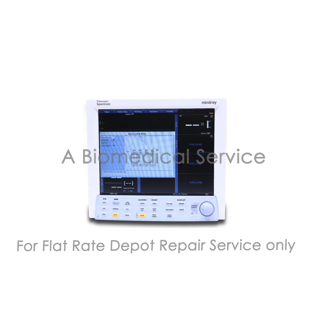 White mindray datascope spectrum patient monitor with touchscreen and buttons for medical equipment repair service