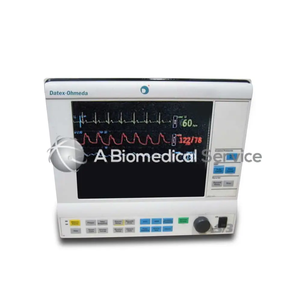 White datex ohmeda as3 patient monitor displaying vital signs on screen in the ohmeda as3 compact model