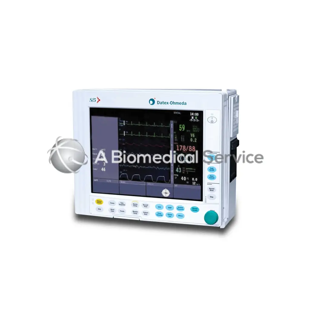 White datex ohmeda compact s5 patient monitor with digital ecg waveforms and vital signs for biomedical service