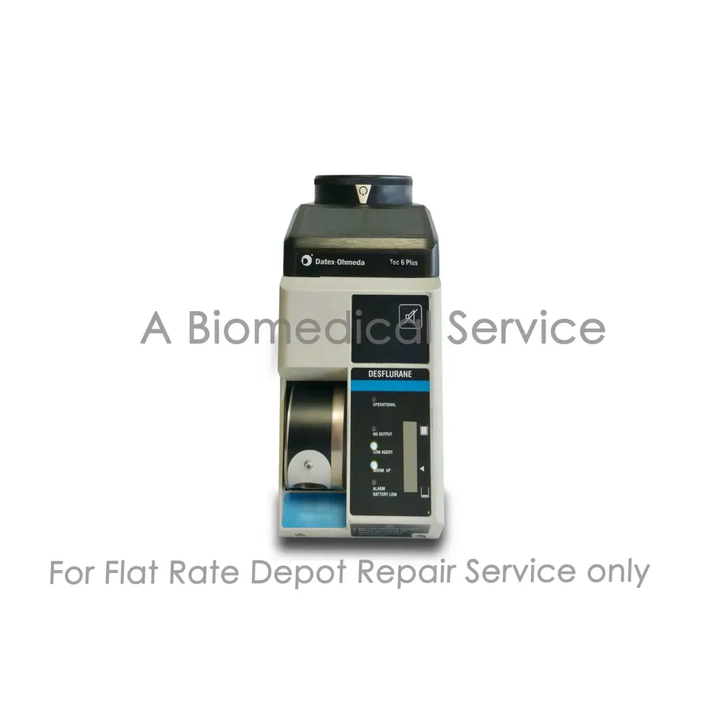 Black and beige Datex Ohmeda TEC 6 Plus medical equipment vaporizer with digital display desflurane for flat-rate repair service
