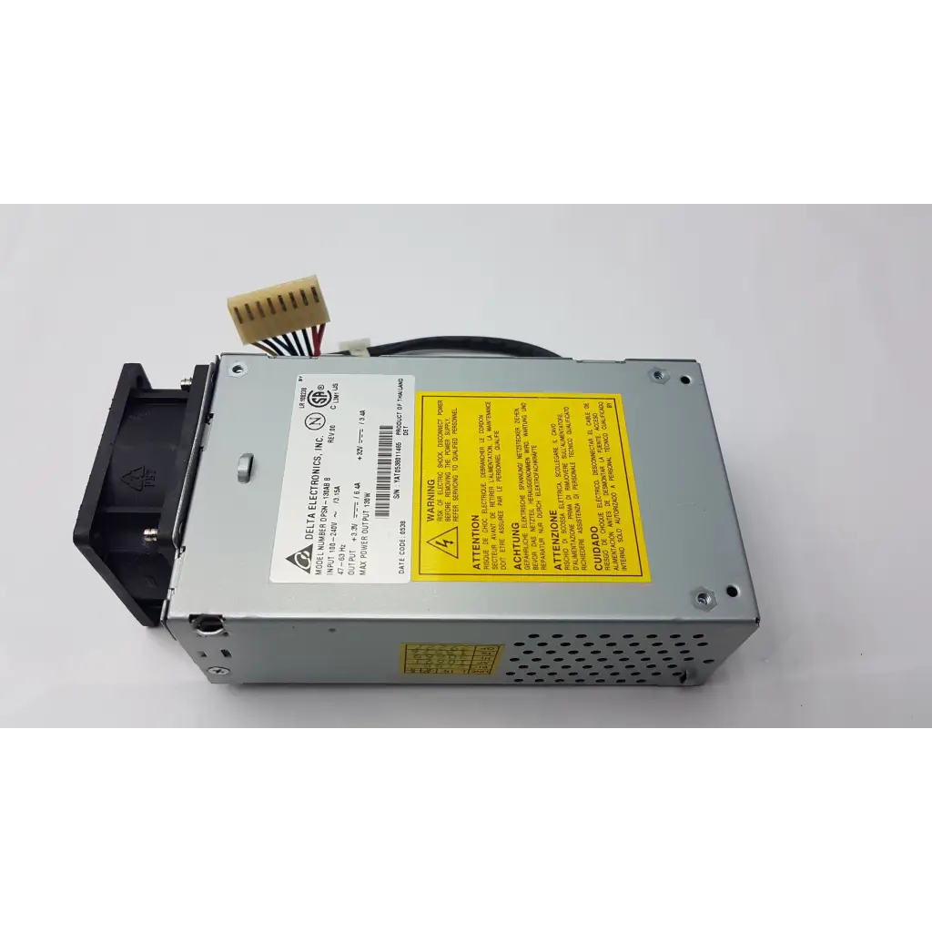 Delta Electronics DPSN-130AB silver metallic 130W switching power supply unit with yellow warning label and black plastic parts