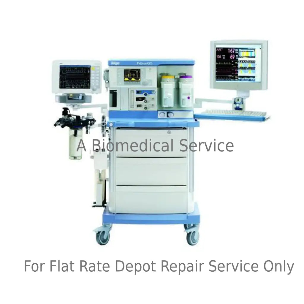 Blue and white drager fabius gs anesthesia machine with monitors and tubing on mobile cart for medical equipment repair service