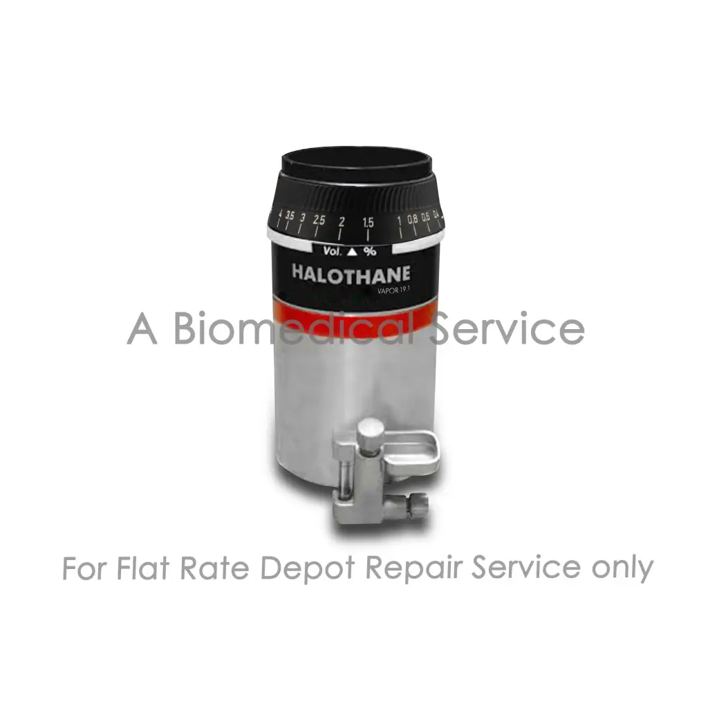 Silver cylindrical drager vapor 19.1 halothane vaporizer with black top and volume dial for medical equipment repair service