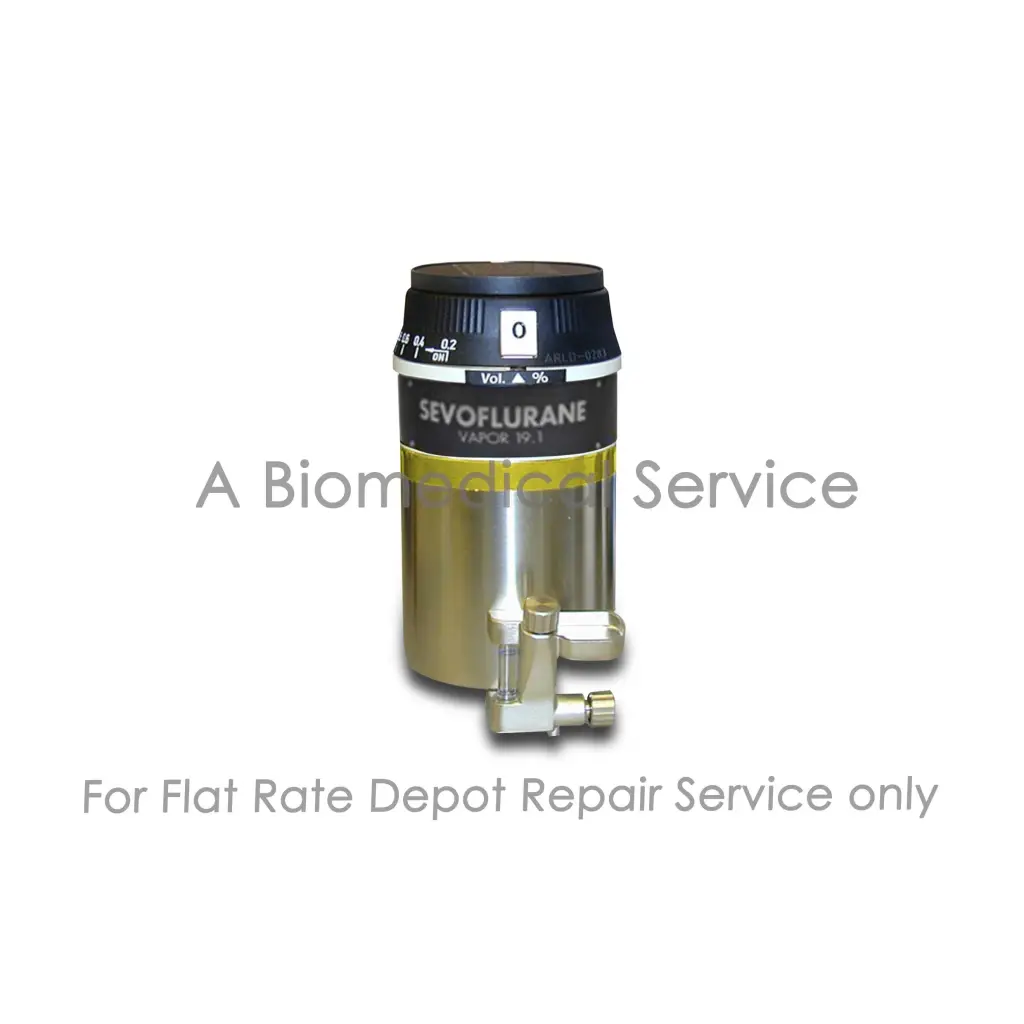 Silver metallic drager vapor 19.1 sevoflurane vaporizer with black knob and yellow label for medical equipment repair service