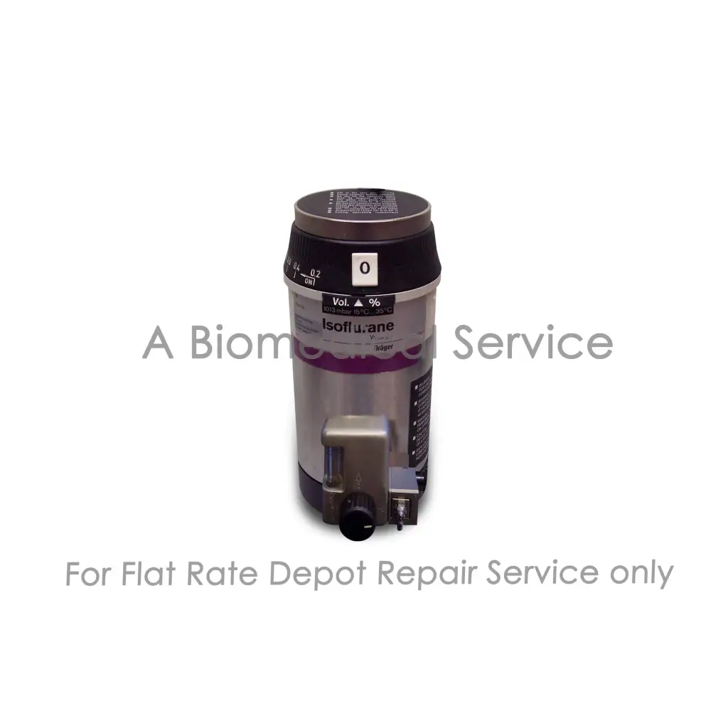 Silver and black drager vapor 19.3 isoflurane medical equipment cylinder with dial for anesthesia delivery repair service