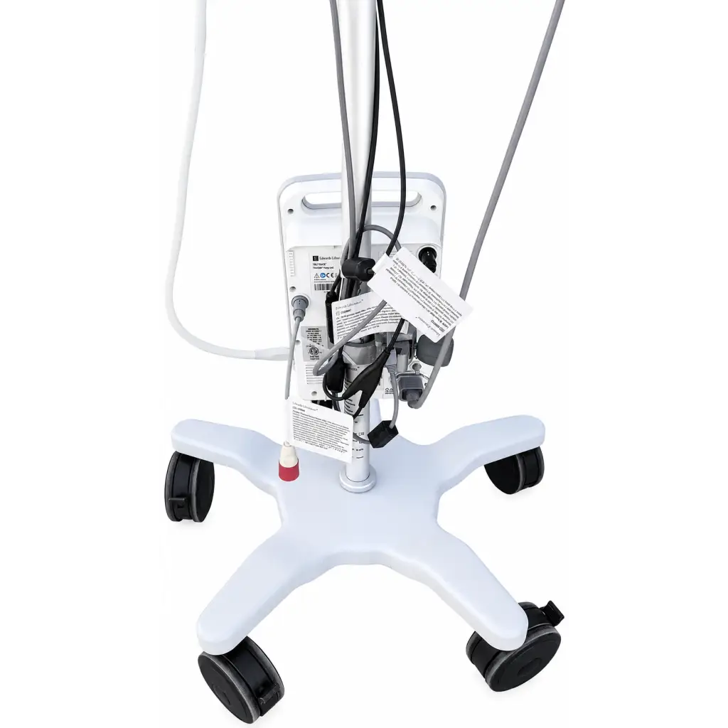 White medical monitor stand with black wheels and cables attached to central pole for edwards lifesciences ev1000 clinical platform