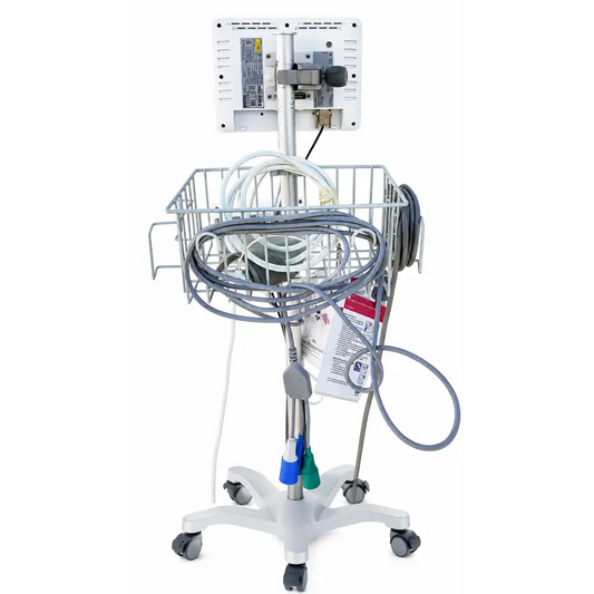 White medical cart with monitor and wire basket holding cables and connectors for edwards lifesciences ev1000 clinical platform
